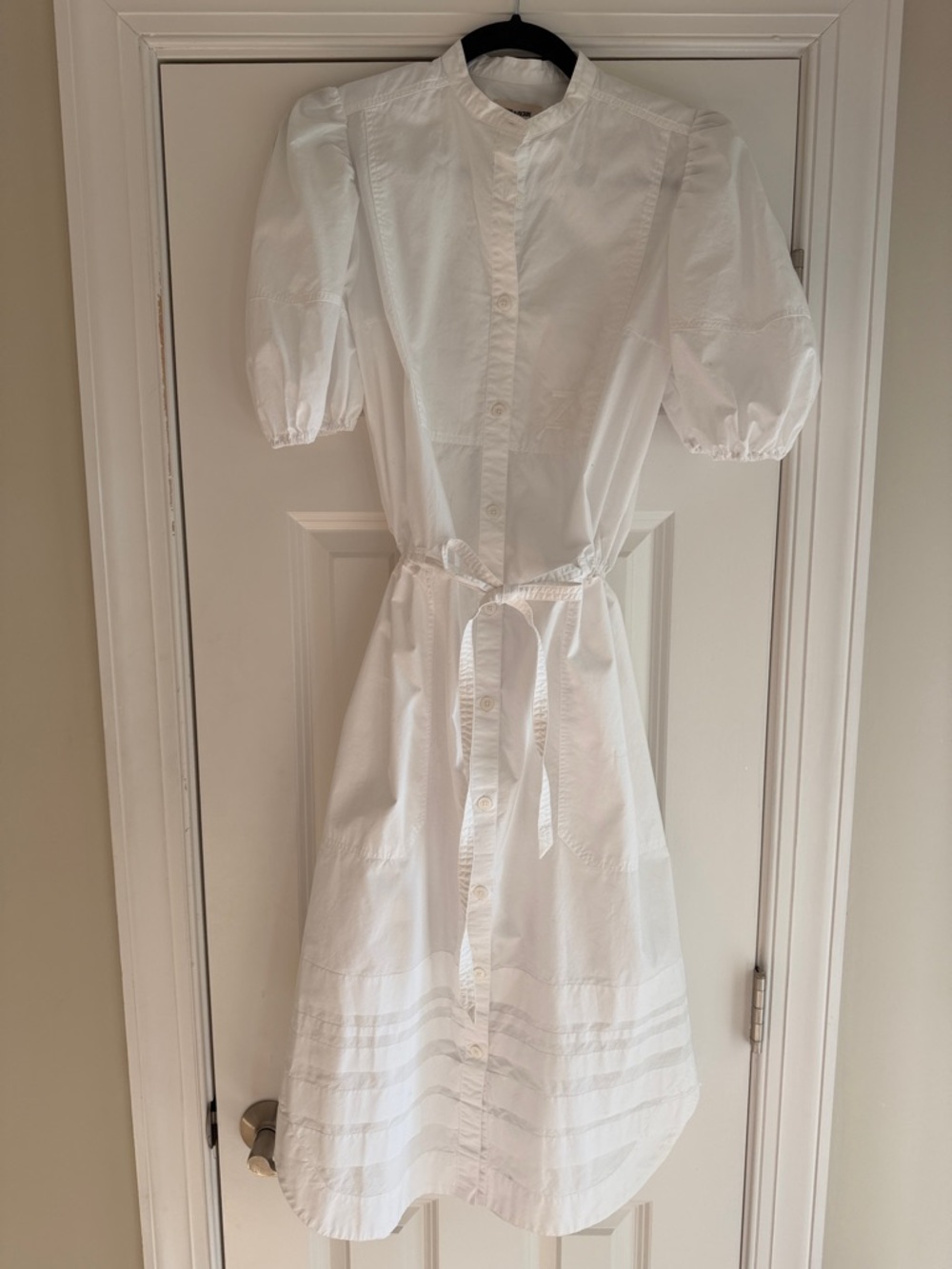 Zadig & Voltaire White Puff Sleeve Button-Front Dress with Tie Waist